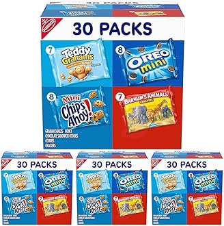 Nabisco Team Favorites Variety Pack, OREO Mini, CHIPS AHOY! Mini, Teddy Grahams Honey & Barnum's Animal Crackers, Christmas Stocking Stuffers, 30 Snack Packs (Pack of 4)