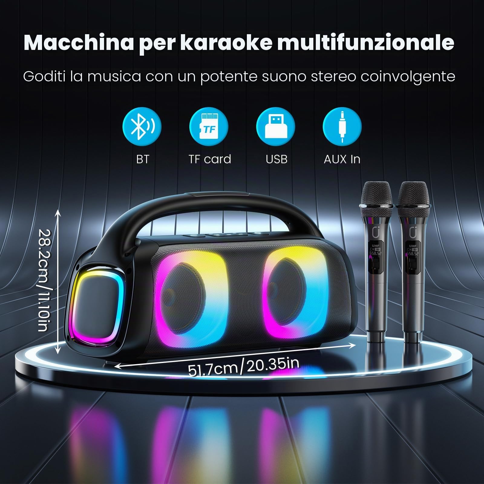 JYX Karaoke con 2 Microfonos, Bluetooth Cassa Karaoke Professionale Completo con Suono Stereo Potente, 2 Karaoke Microfoni Wireless 30M, TF/USB/AUX, RGB, Lunga Autonomia