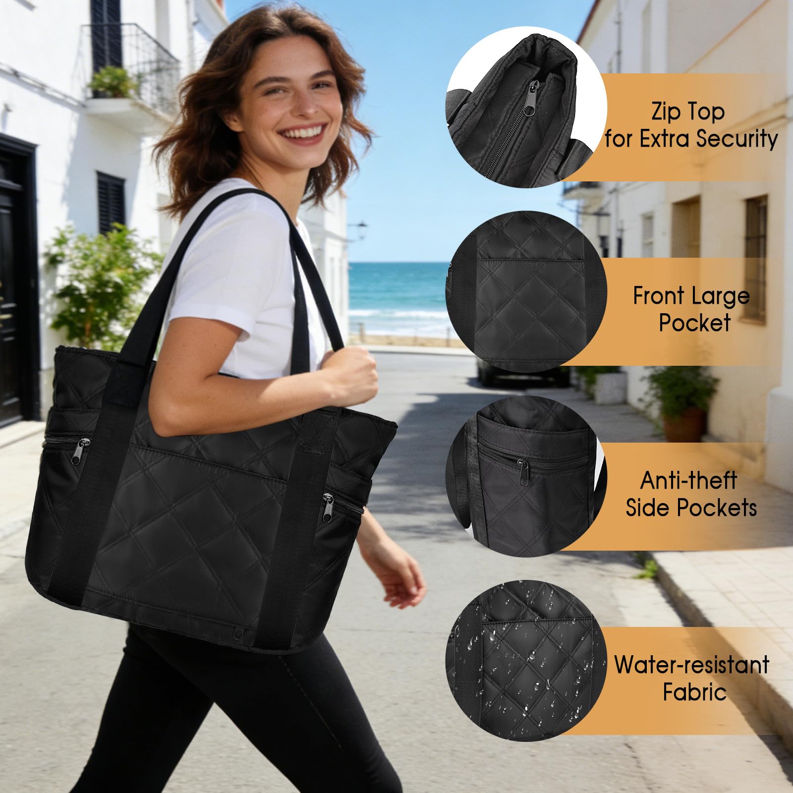 Borsa a Mano e Tracolla Donna, 15,7 Pollici Grande Puffy Tote Bag con Scomparto per Laptop e Borsa Piccola, da Viaggio Lavoro Università - Nero