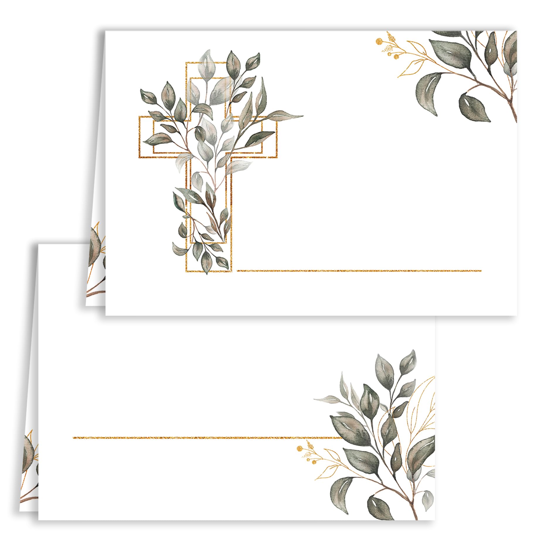 Tischkarten Set 25 Stück – Blanko Zum Beschriften, Mit Blatt- & Kreuz-Motiv, DIN A7, Für Taufe/Kommunion/Hochzeit