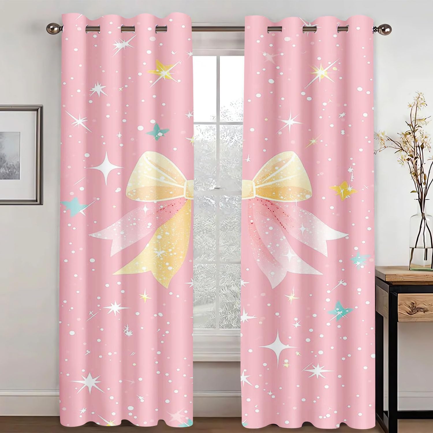 SHROUDEX Blackout Curtains with Ties, 3D Pink Bow Children's Room Curtains, Colourful Butterfly Curtains for Living Room (8,100x140cm(2x50x140cm))