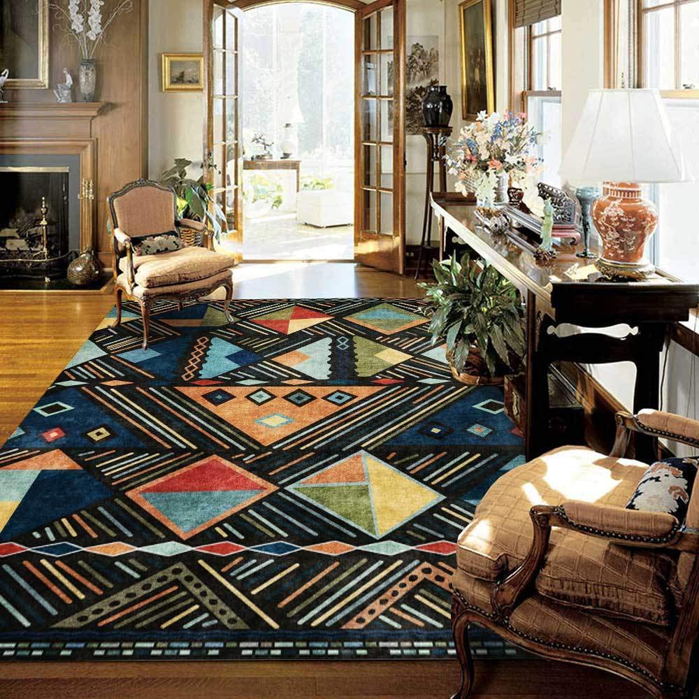 Tapis Salon Moderne Grand Blocs Multicolores Bleus géométriques de Style Ethnique Tapis Couloir Chambre Cuisine Salle de Bain Tapis Doux 200 x 300 cm