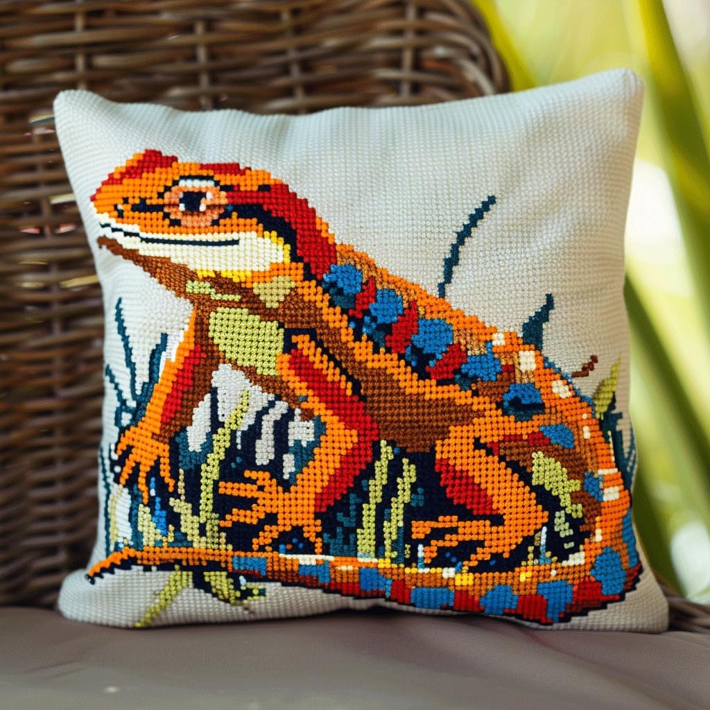 Ambattery Cross Stitch Cushion Kits-H Cross Stitch Cushion Kit, Animal Lizard Diy Embroidery Kit Needlepoint Handmade Needlework Cushion Kits Stitched Pillow Cover 45X45cm