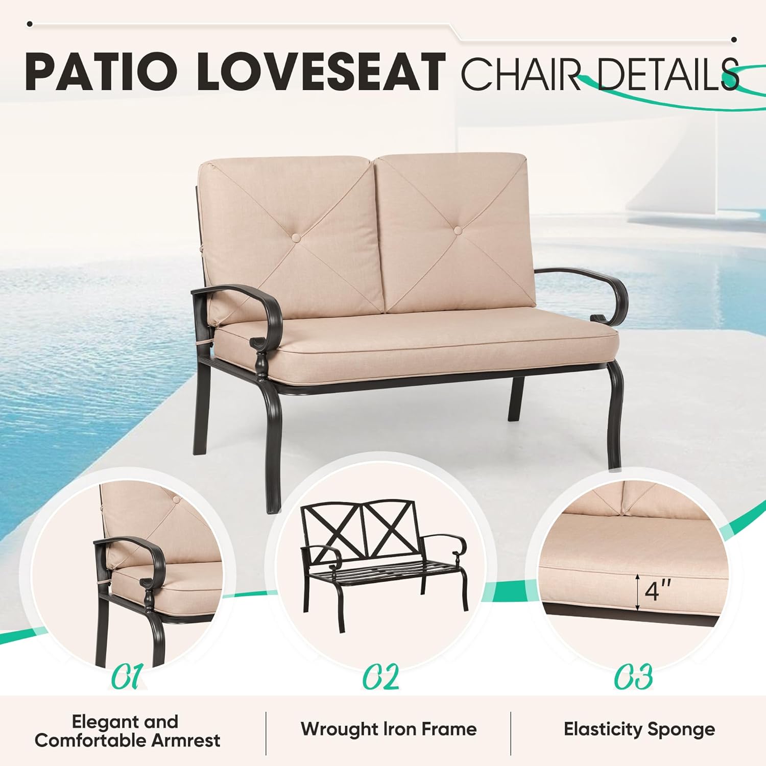 Incbruce Patio Loveseat with Coffee Table - Outdoor Bench with Cushion,2 Piece Wrought Iron Outdoor Loveseat Metal Frame Porch Furniture Set for Patio, Poolside, Garden (Brown)