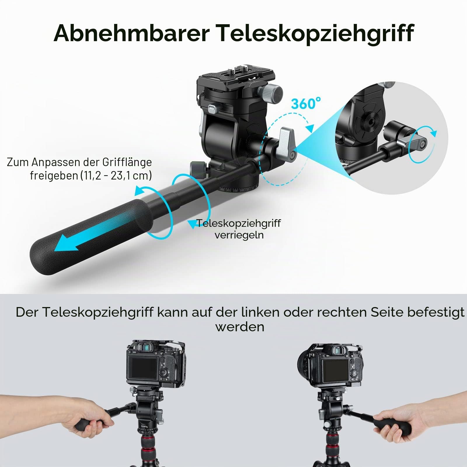 SMALLRIG Videokopf für vertikale/horizontale Aufnahmen, Stativ-Schwenk-Neige-Fluidkopf mit Teleskopgriff und umschaltbarer QR-Platte für Arca, maximale Belastung 5kg/11 Pfund für Camcorder - 4104