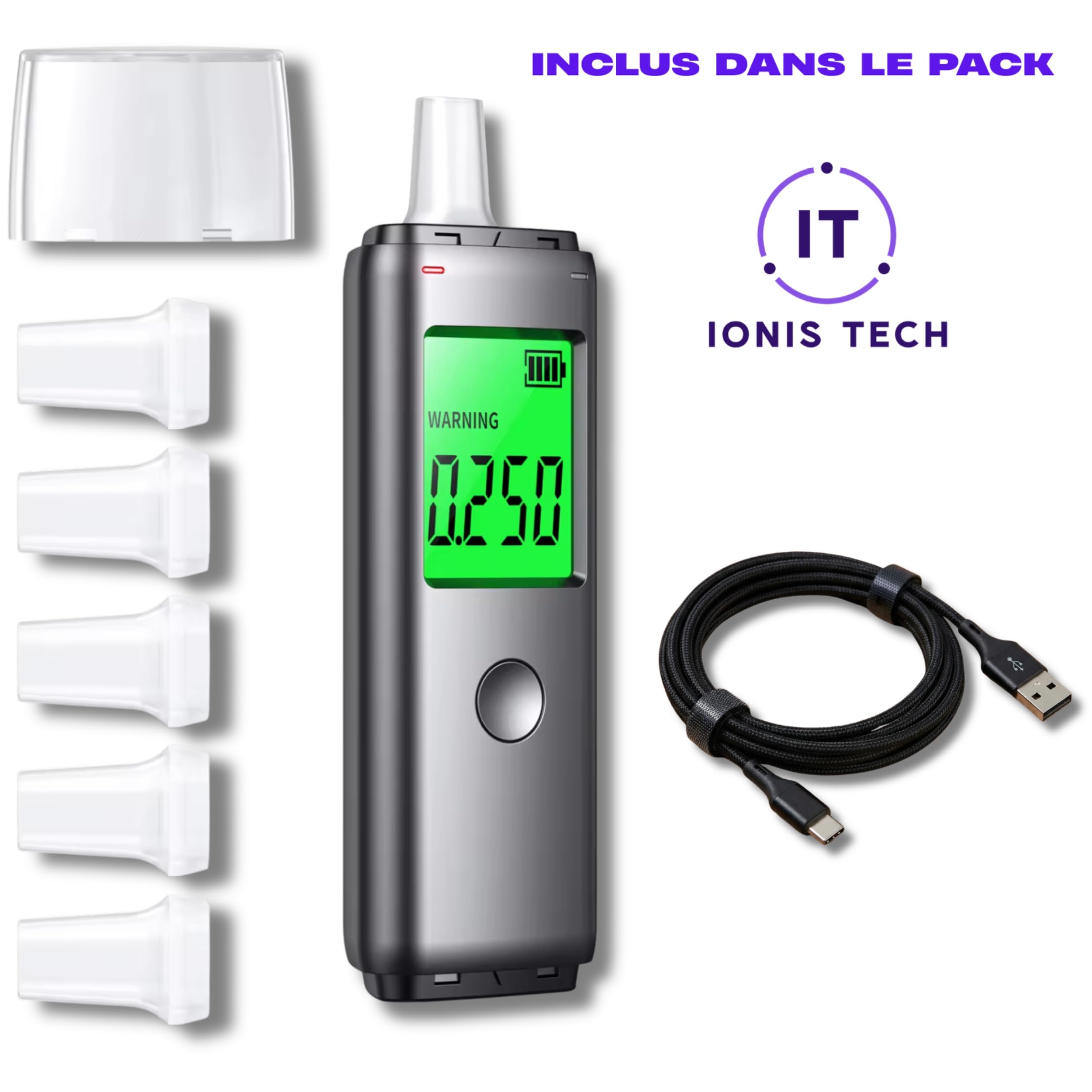 Éthylotest Électronique - Rechargeable USB – Affichage g/L Clair, Résultat Rapide, Écran LCD - Compact & Portable - Embouts Hygiéniques – Test Taux d'alcool - Alcootest Personnel