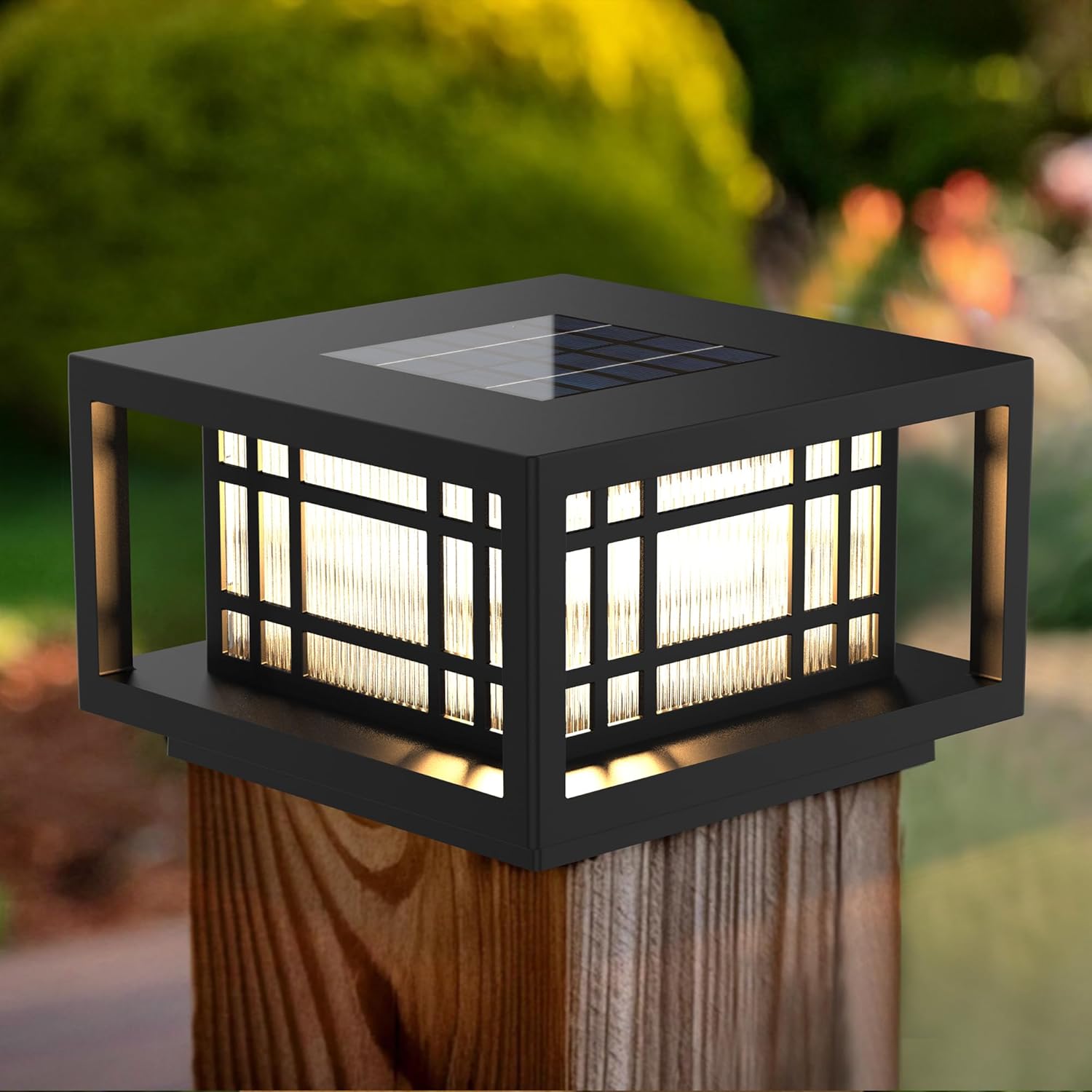 HUYIENO Solar Post Cap Lights Large Outdoor Deck Fence Post Lights 50Lumens Brightness Warm/Bright White Lighing Modes for 4x4 5x5 Vinyl Posts, 4x4 5x5 6x6 Wooden Posts (Black, 2pk)