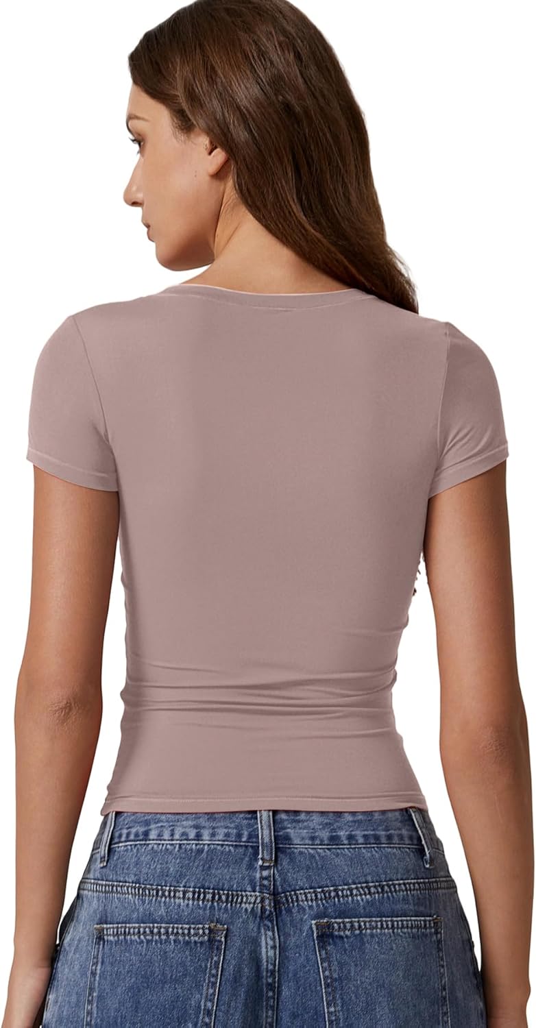 QINSEN Short Sleeve Shirts for Women Round Neck Basic Double Lined Tees Fitted Y2k Crop Tops - Image 2