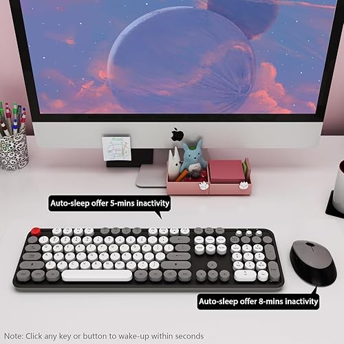 Miniatura 4 de Teclado y ratón inalámbricos, KOOTOP lindo teclado y ratón, teclado inalámbrico de 2.4G con tapa de teclas redonda retro para PC, Mac, portátil,