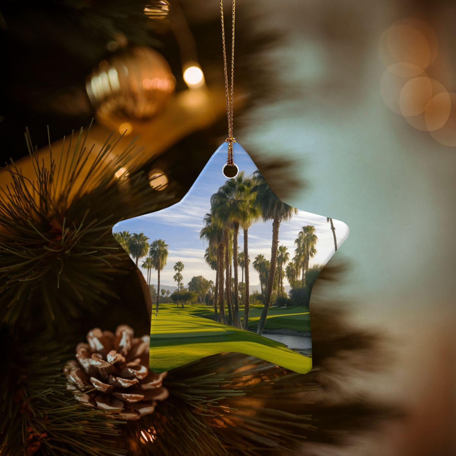 Christmas Tree Ornaments Ceramics Christmas Decorations Palm Tree Golf Course Ornaments with Gold Ribbon Porcelain Xmas Tree Crafts Star Shape Hanging Pendant for Christmas Tree Party Decor