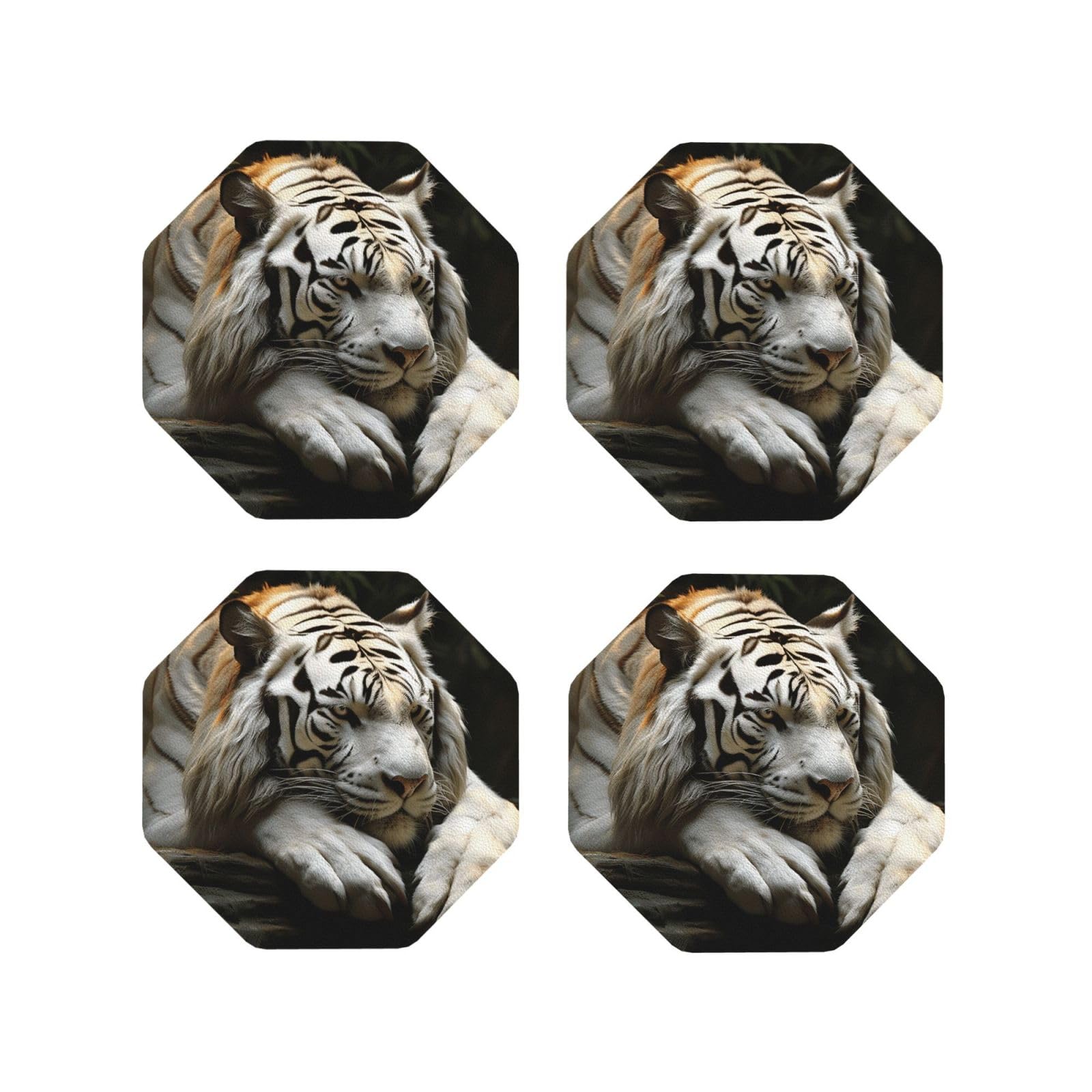 4Pcs PU Leather Coaster for Drinks, Lying Tiger Cup Coastersr 4" Cup Mat Pad, Aesthetic Drink Coasters for Coffee Table, Octagon Coaster for Tabletop Protection