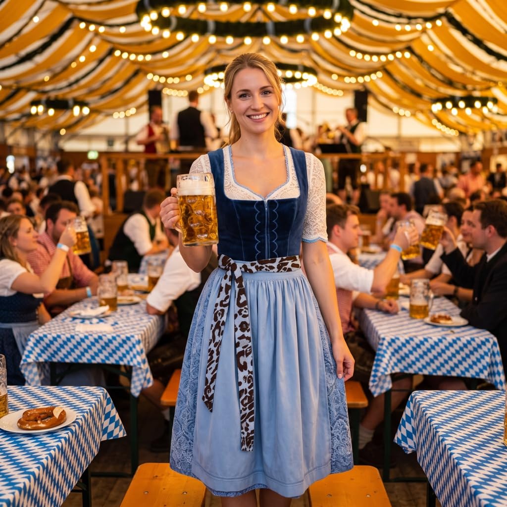 Dirndl Damen Midi Trachtenkleid aus Samt Oktoberfest Dirndlkleid mit Schürze Bayerisches Volksfest Dirndl Kleid Elegant Samtdirndl Große Größen Hoher Taille Trachtenkleid Festliche Trachtenmode