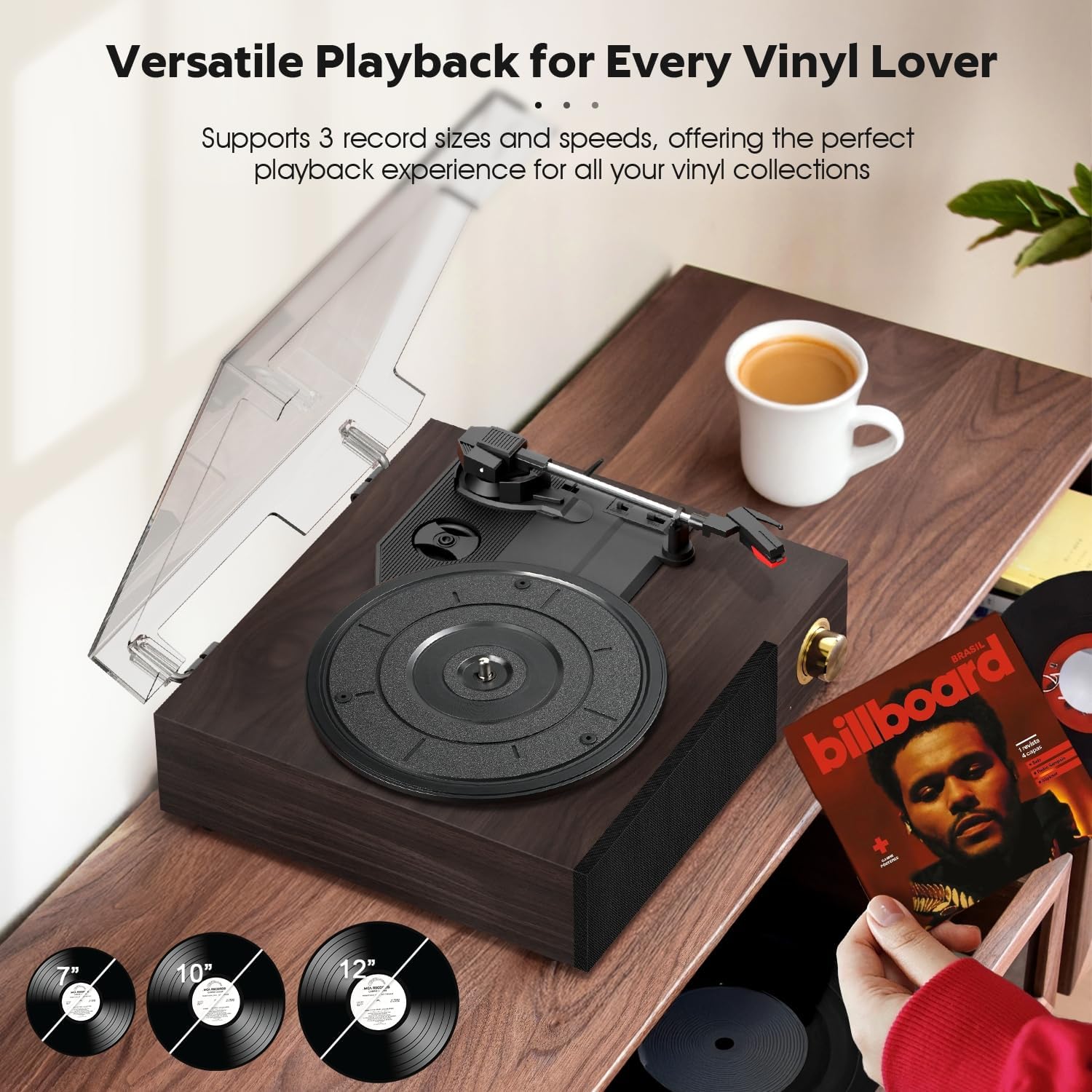 FYDEE Tocadiscos de Vinilo con Altavoces Integrados 6W, Diseño Retro de Madera con Tapa, Reproductor Bluetooth 5.4, 3 Velocidades, Salida RCA para Amplificador Externo, Protección Auto-Stop