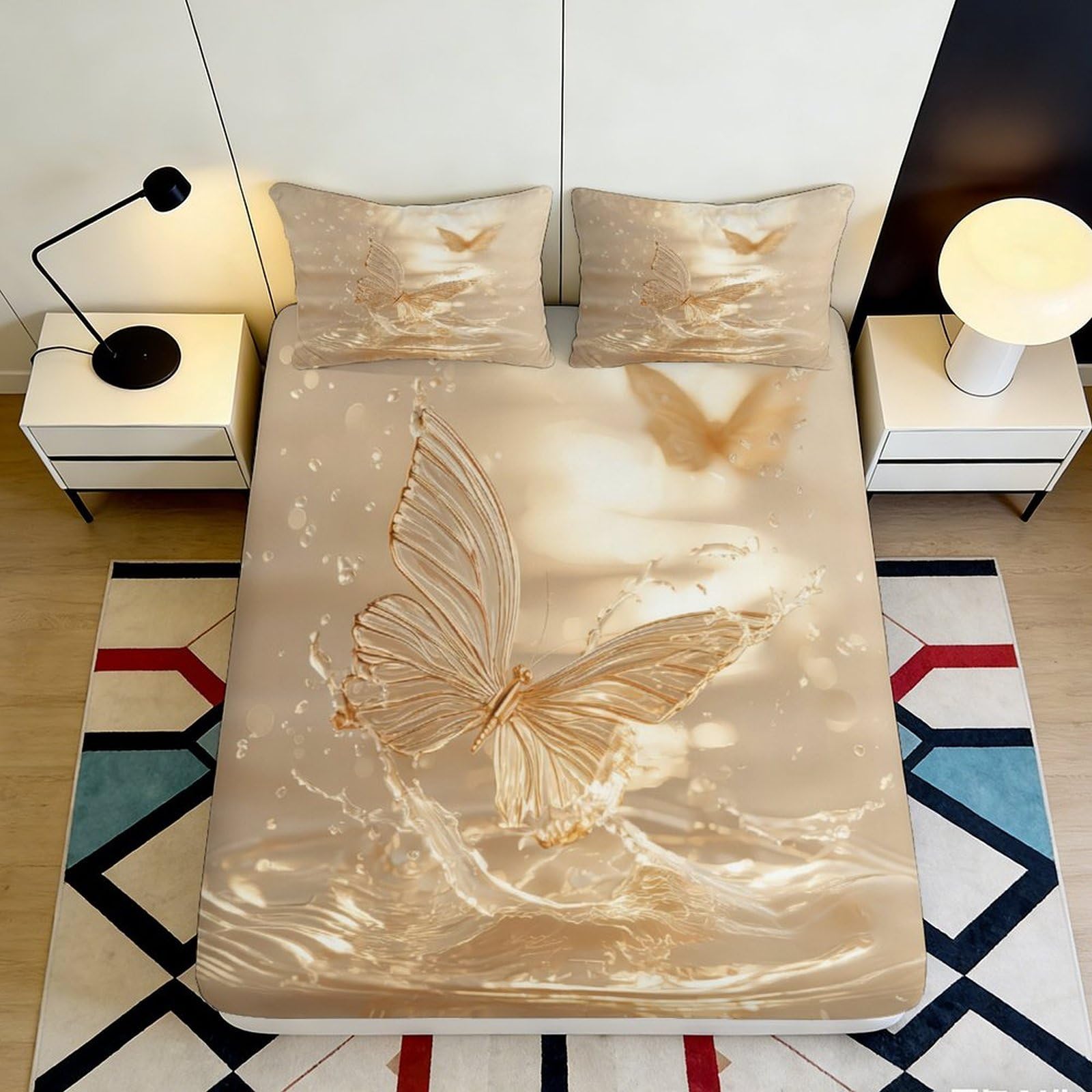 3D Printed Golden Butterfly Fitted Sheet Microfiber Soft Anti-Slip Bed Sheet for Bedroom Home Decor Dustproof 90x200x25cm
