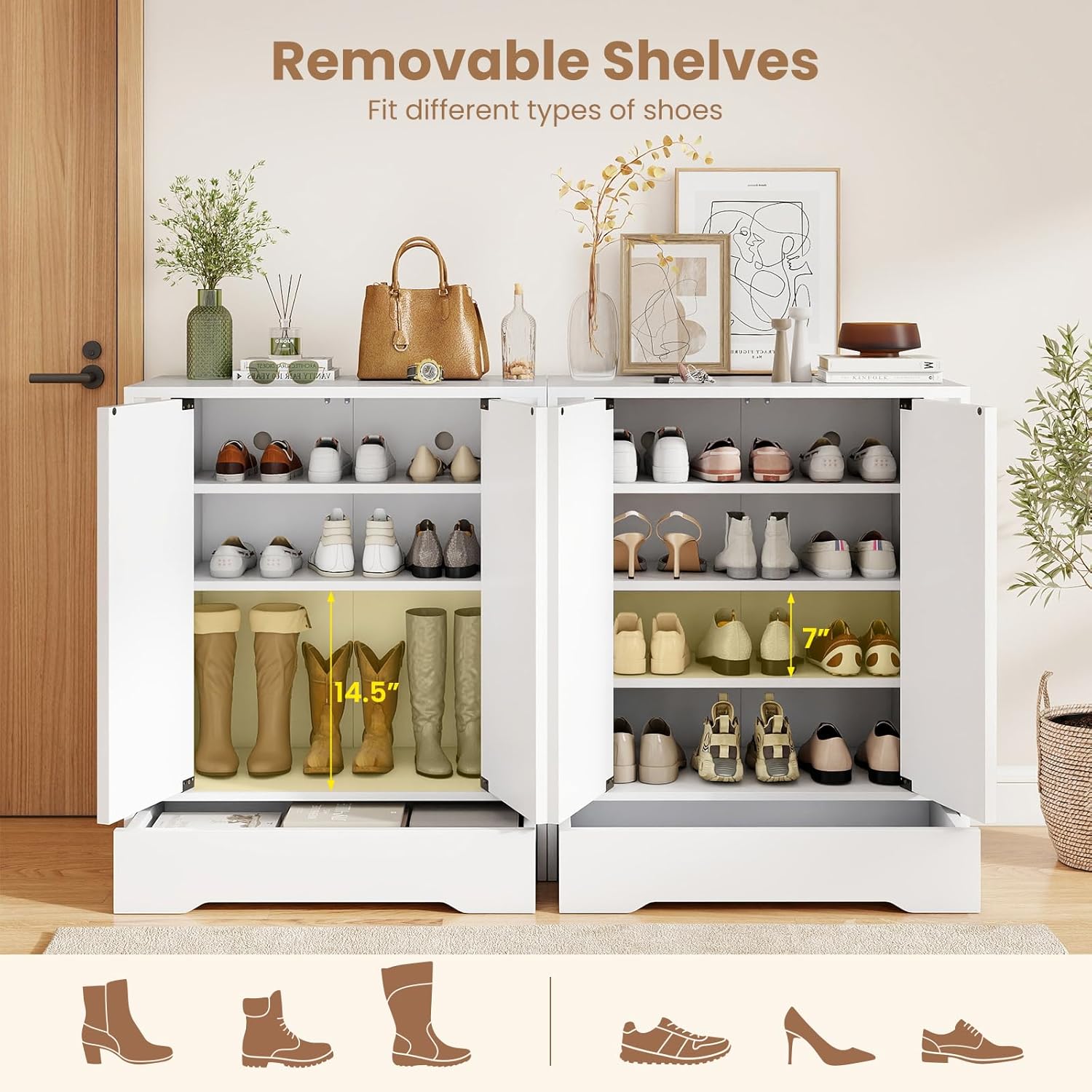 GOFLAME Shoe Storage Cabinet, 4-Tier Mirrored Shoe Cabinet with Doors and Bottom Drawer, Modern Elegant Shoe Storage Organizer for Entryway, Hallway, Living Room, Closet