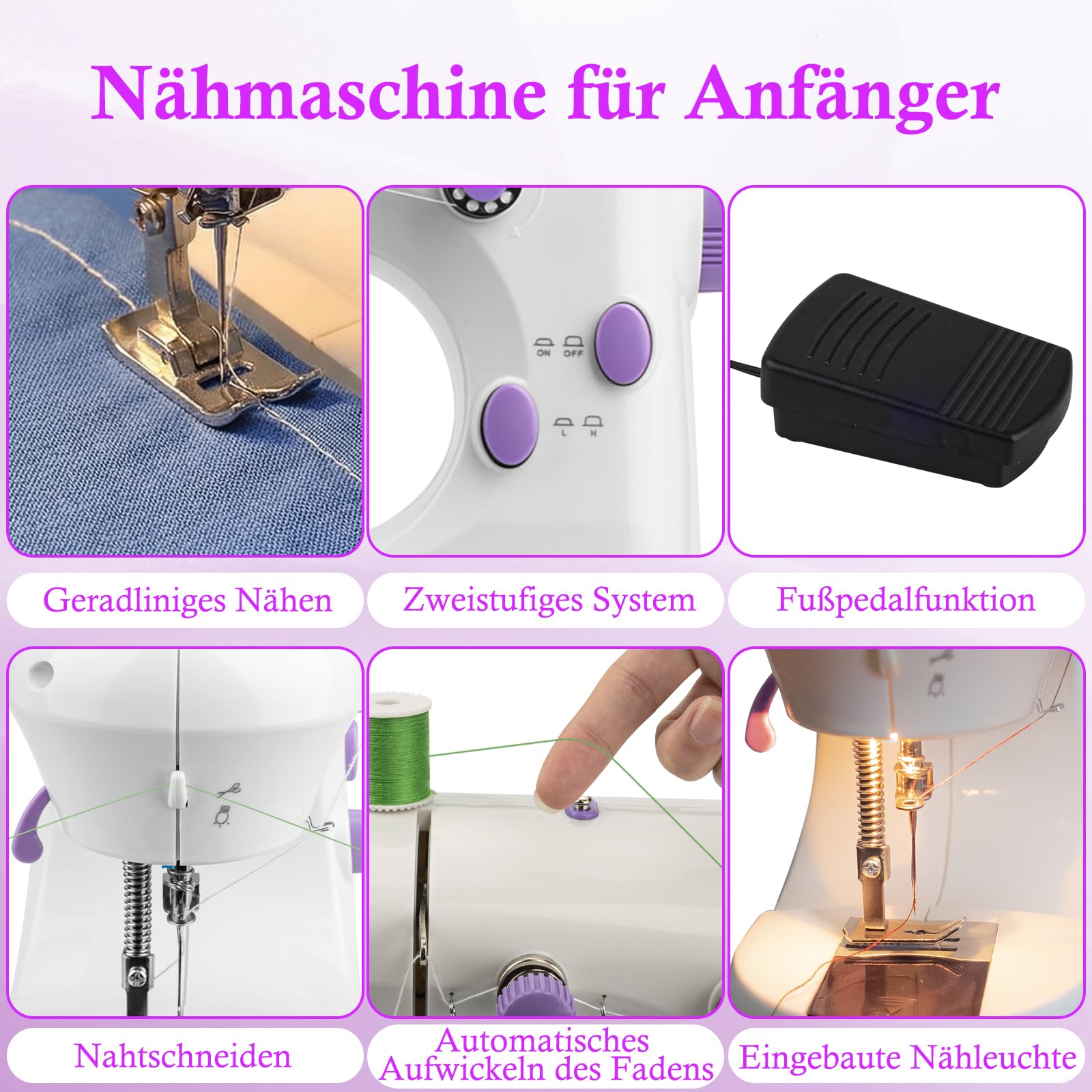 Nähmaschine für Anfänger mit 42 Teilen Zubehör, Tragbare Nähmaschine Kinder Elektrisch mit Dual-Speed, Leicht Tragbar für DIY & Handarbeit - für Kinder & Erwachsene (Lila/Weiß)
