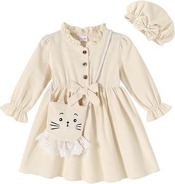 Happy Town Toddler Fall Dress Baby Girls Long Sleeve Bowknot Dresses Kids Winter Casual Outfits with Hat and Bag