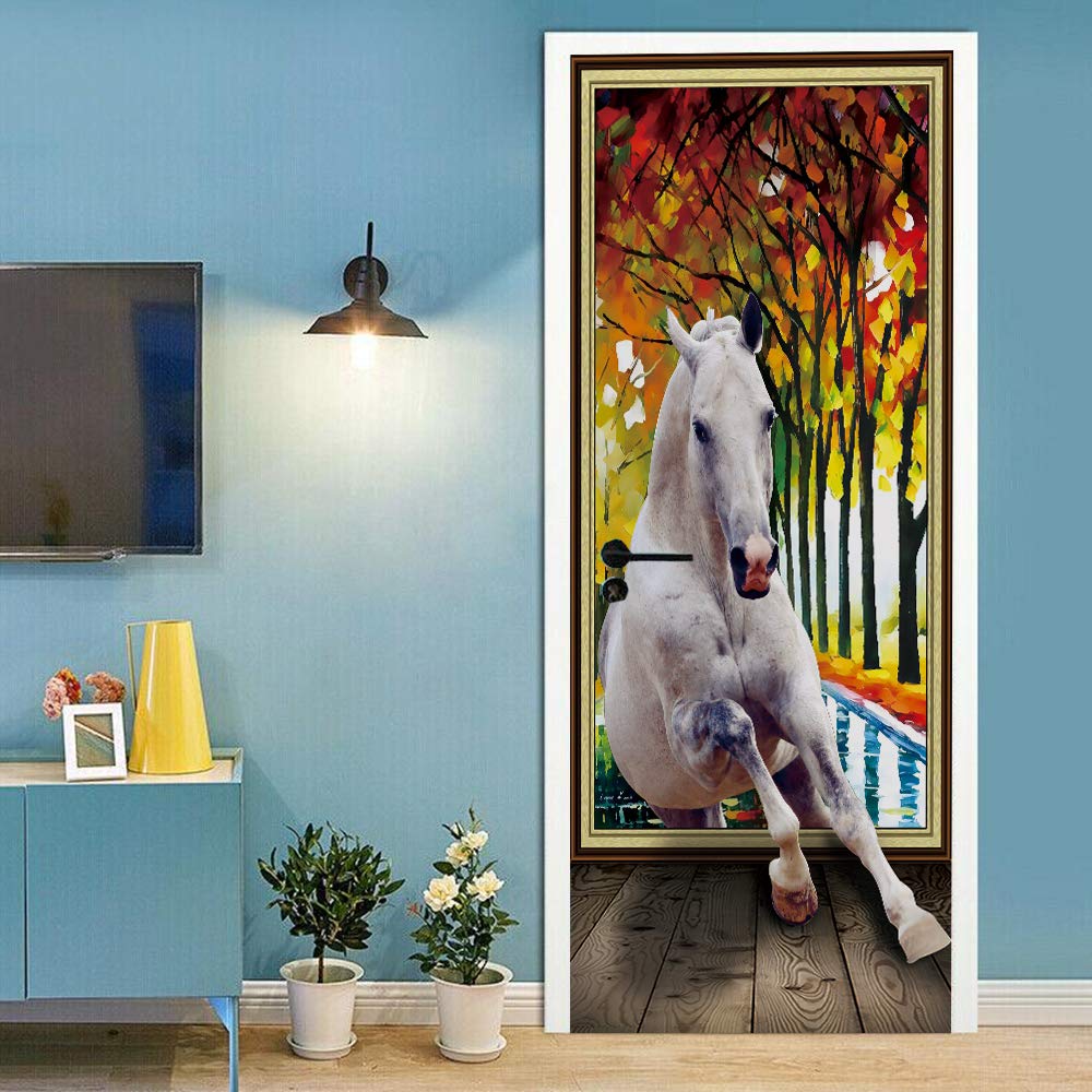Sticker de porte trompe l'oeil effet forêt et cheval pour une chambre nature