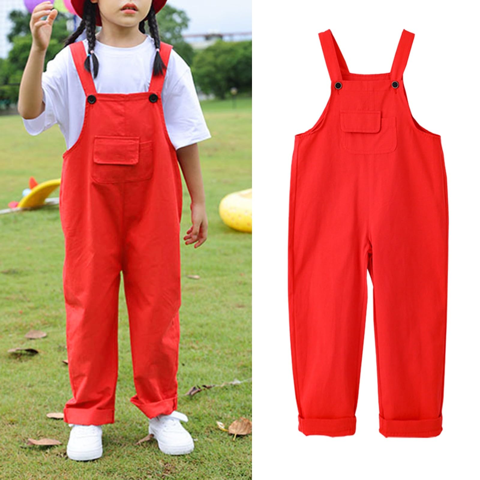 Salopette pour Enfants Garçons et Filles Coupe Droite Baggy à Bretelle Réglable Combinaisons d'Été Décontractées en Coton Style Preppy Mignon Romper - Salopette Unie Pantalon Baggy - Workwear Jean
