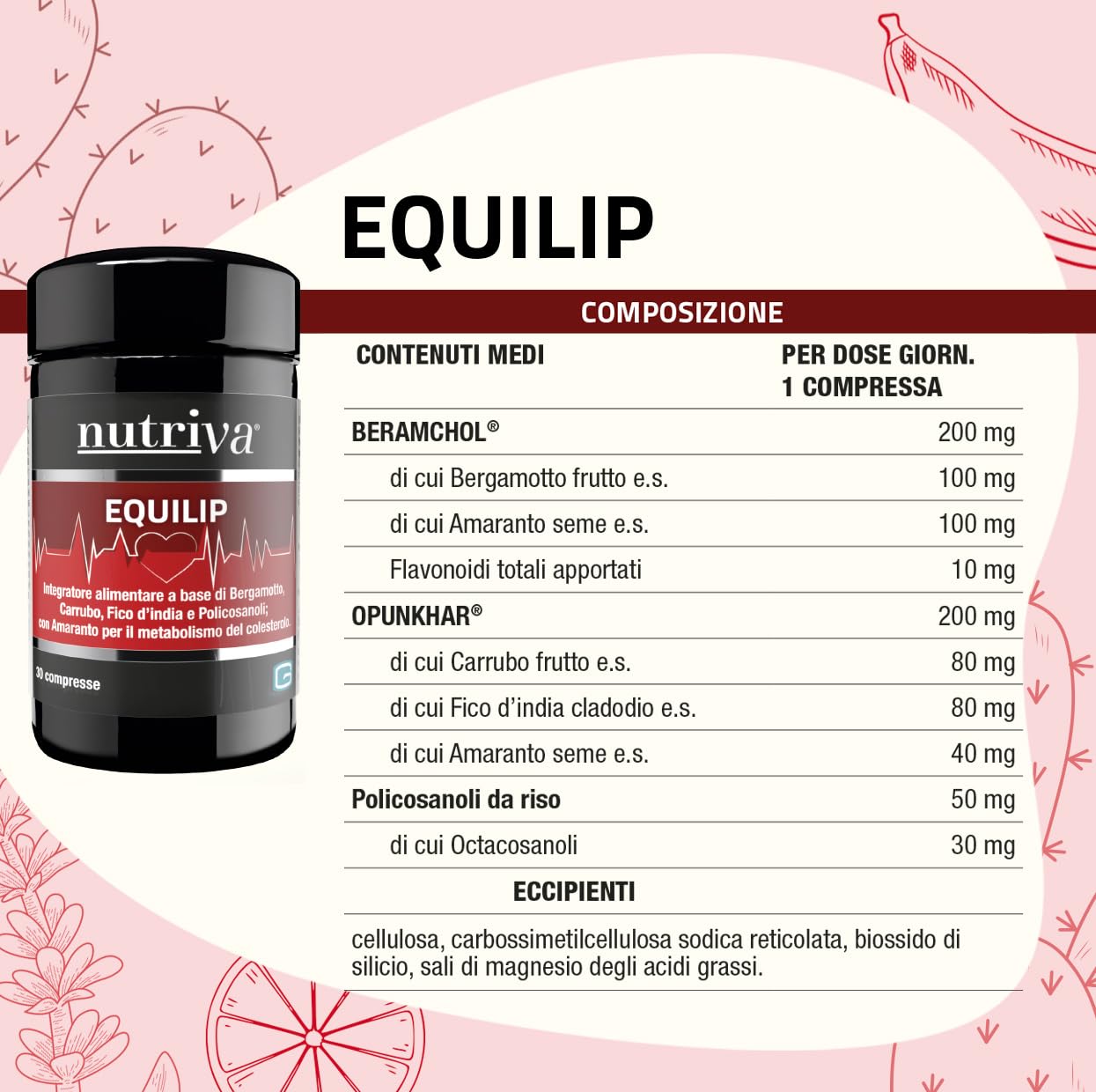 NUTRIVA Equilip Integratore Colesterolo 30 Compresse con Bergamotto Amaranto Carrubo Fico d’India e Policosanoli, Supporto Metabolismo Lipidico, Vegan