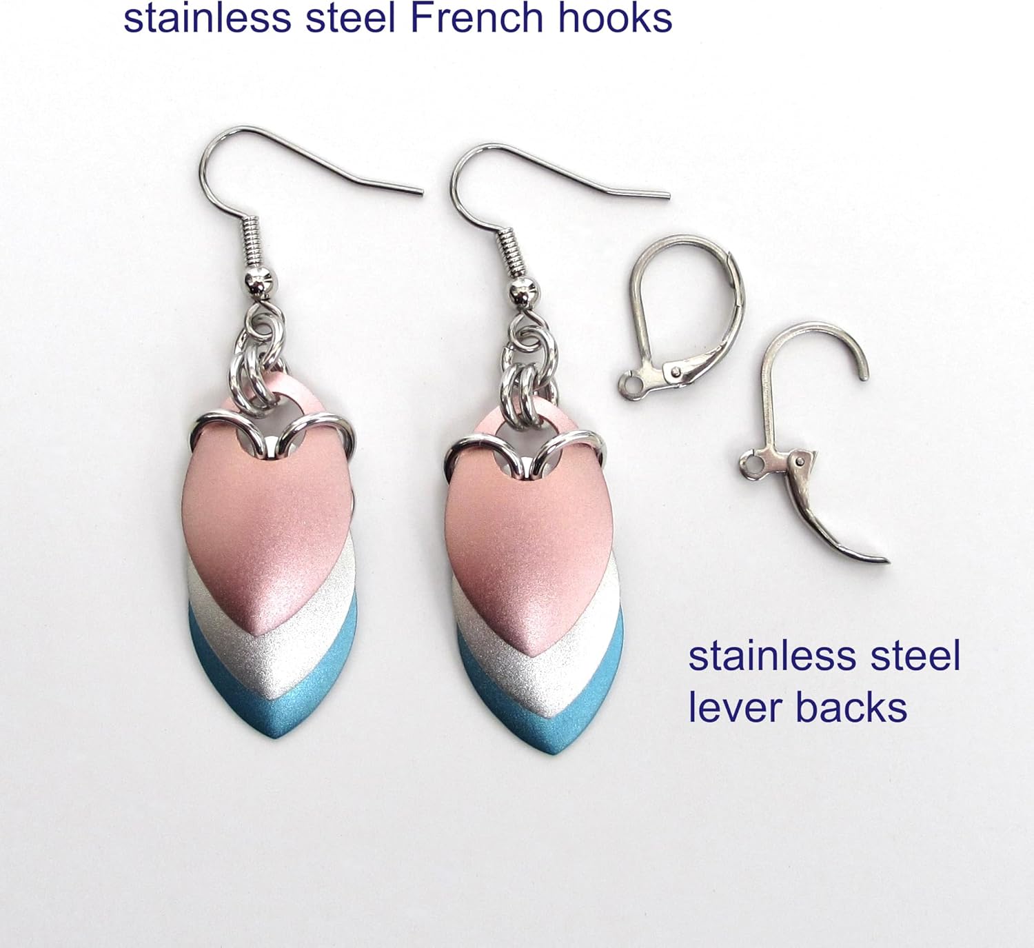 Transgender pride earrings, chainmail scales; pink, white, light blue