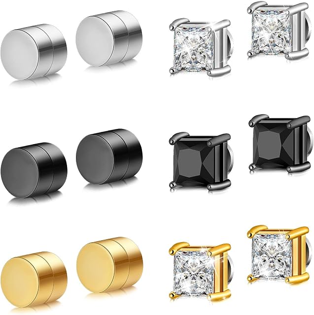 Hicarer 6 Pairs Stainless Steel Magnetic Stud Earrings for Men Women CZ Magnet Earring Non Piercing Clip On Earrings Diamond Cubic Zirconia Plug Silver Black Gold, 6-8 mm