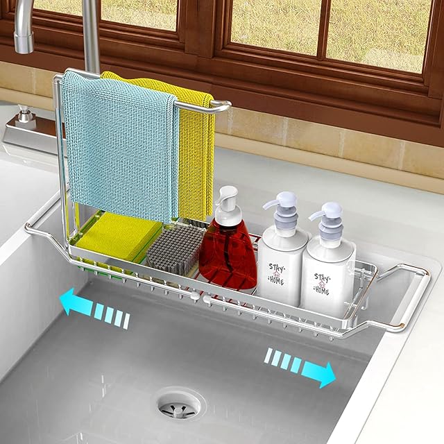 Baoswi Sponge Holder for Kitchen Sink,Expandable Sink Caddy Organizer with Dishcloth Towel Holder,Stainless Steel Telescopic Sink Rack Holder,Over Sink Sponge Brush Soap Holder for Home Kitchen