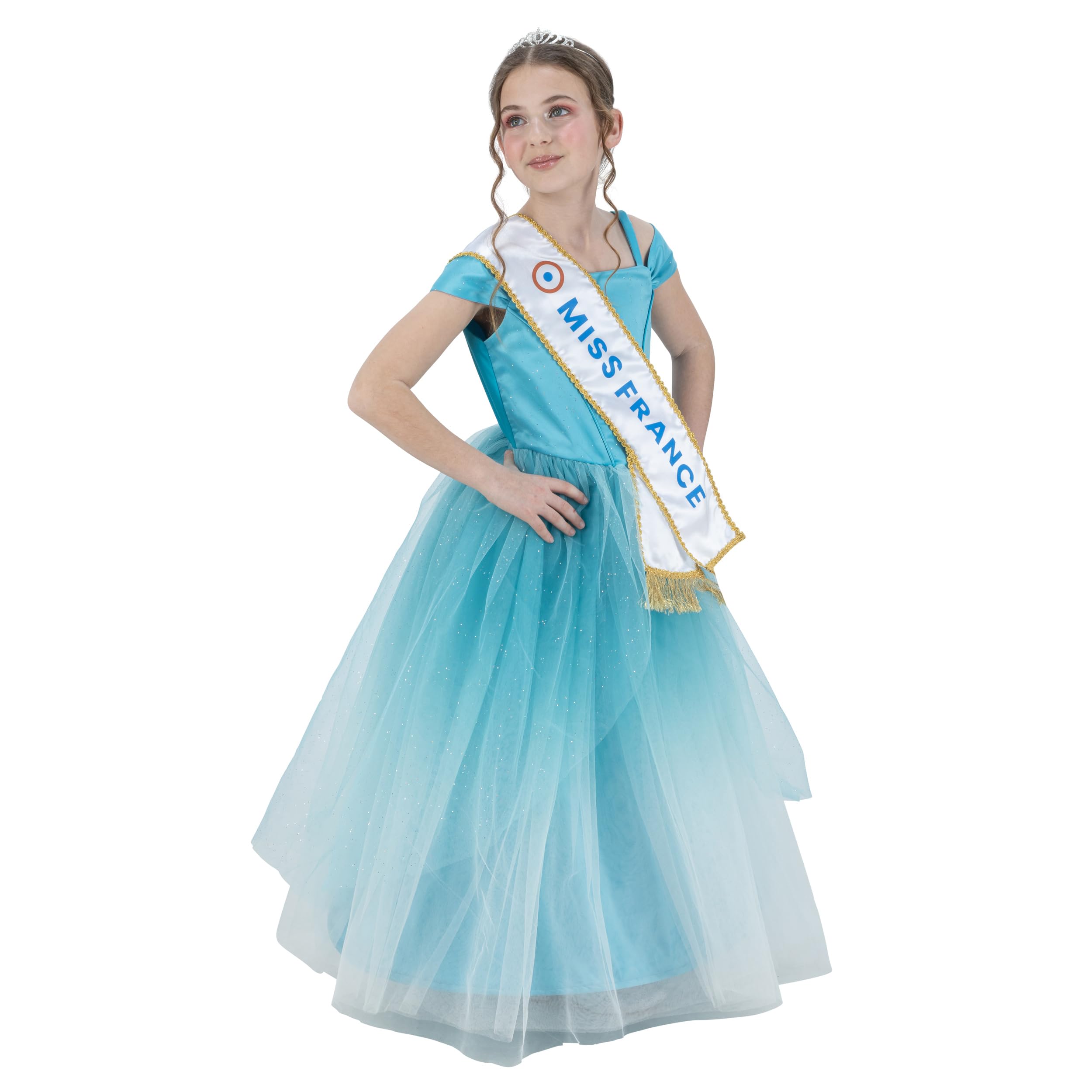 Chaks - Miss France Kinderkostüm, Kleid und Zubehör | Offizielles Miss France Kostümset, 3-teiliges Set mit Kleid, Diadem und Schärpe für Karneval und Events