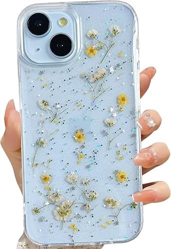 Miniatura 56 de Funda transparente para iPhone 16 Pro Max con diseño de flores reales presionadas, patrón floral rosa brillante y lindo, funda protectora de TPU