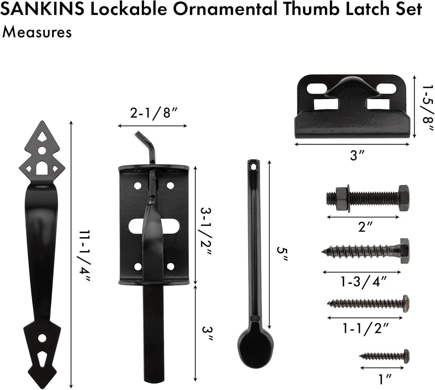 Thumb Gate Latch Hardware for Wooden Fence Heavy Duty, Self Closing Door Latches with 8" Decorative Handle, Gate Lock Kit for Outdoor Garden, Pool, Metal Gate, Vinyl Fence, Steel, Black Finish
