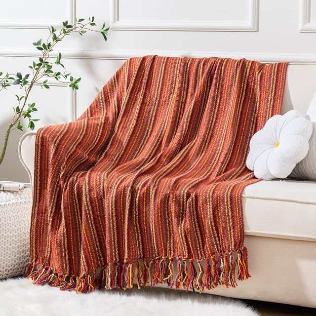 BATTILO HOME Colorful Throw Blanket Bohemian Style Decorative Woven Blanket for Sofa Couch Bed Travel 127*152cm(Brick Red)