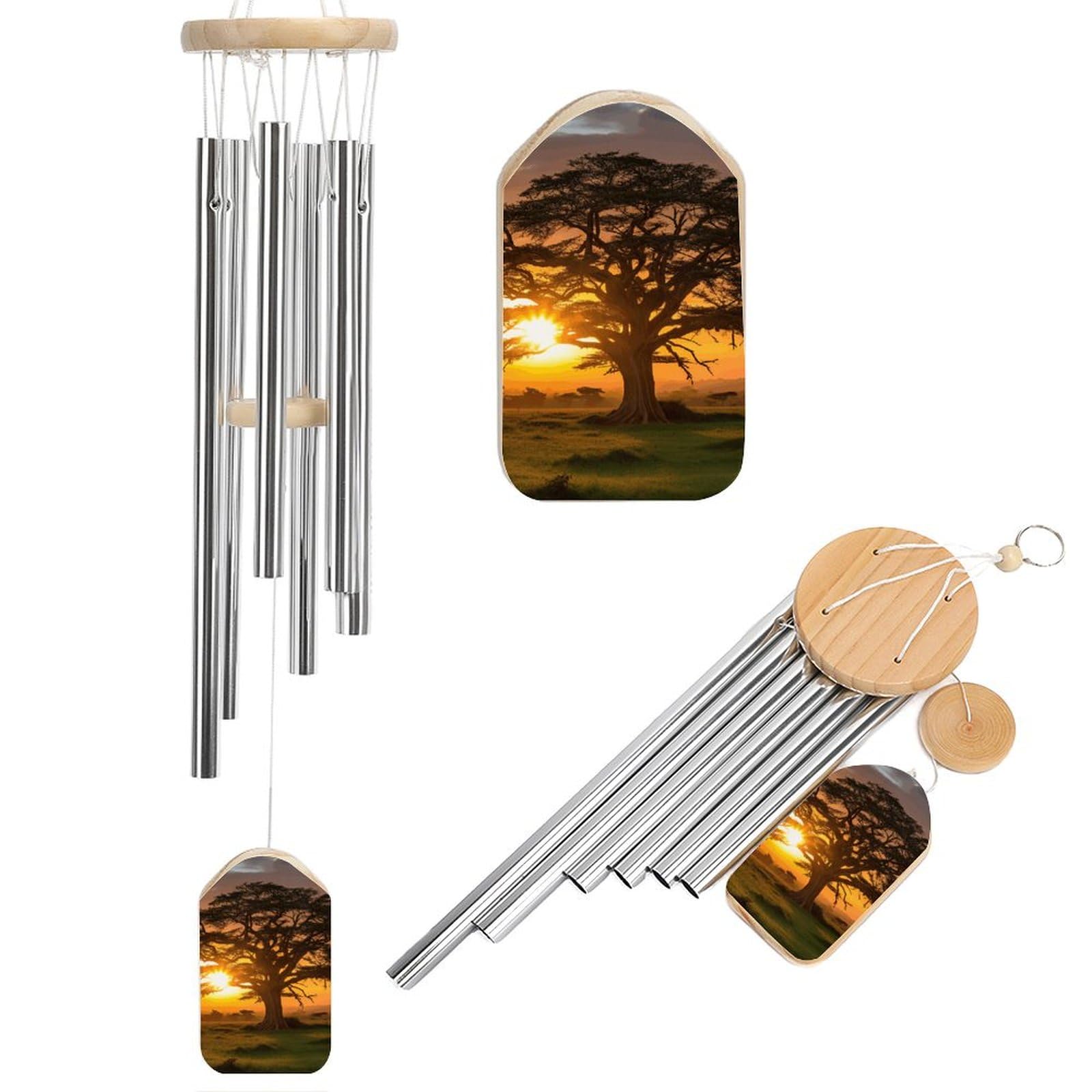 Outdoor Wind Chimes, Sunrise on Big Tree Printed Wind Chimes,Simple Wind Chimes,Curtain Wind Chimes for Home Decoration