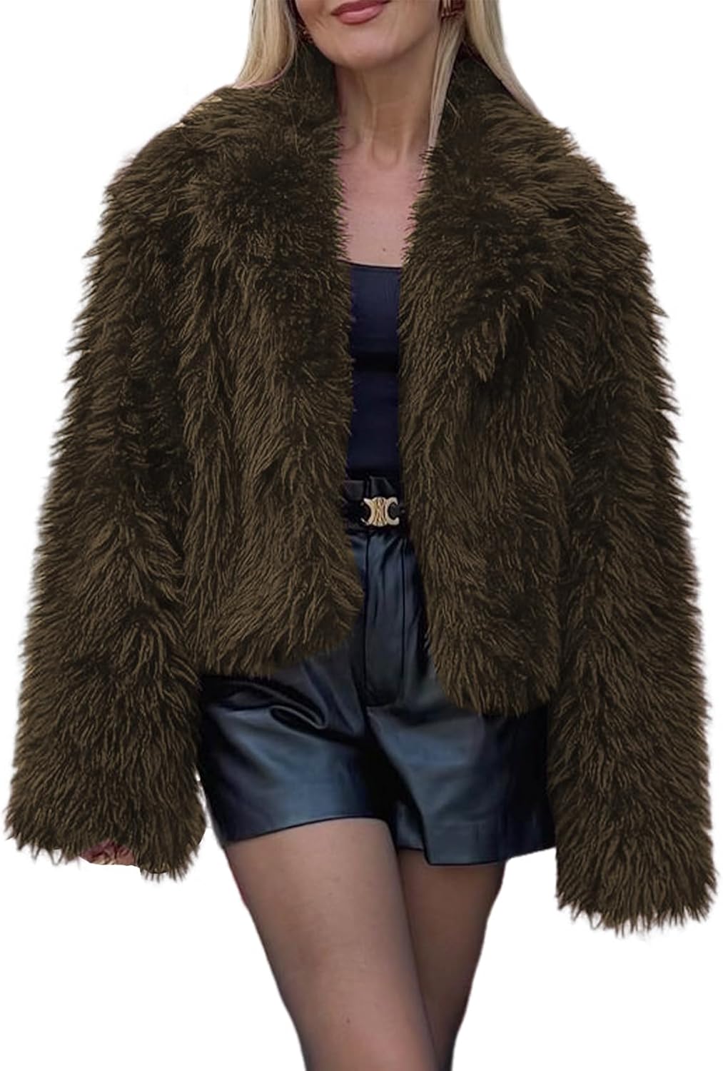 Wyeysyt Womens Faux Fur Coat Cropped Lapel Fluffy Fur Jacket Long Sleeve Open Front Shaggy Fuzzy Outerwear