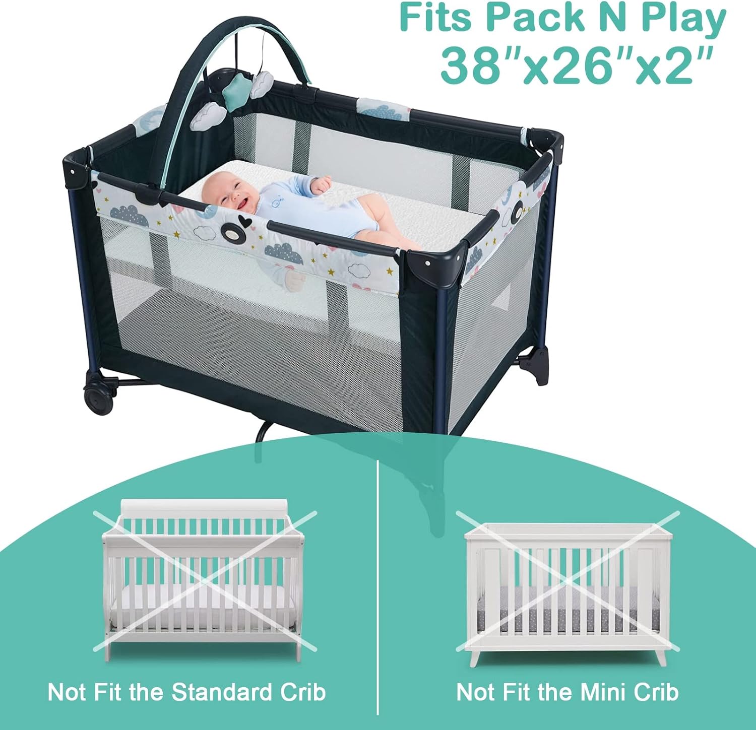 Hygge Hush 38" x 26" Pack and Play Mattress Topper, Breathable Soft Portable Crib Playard Mattress Pad, Memory Foam Baby Playpen Mattresses with Removable & Washable Zippered Cover（2 inch） : Baby
