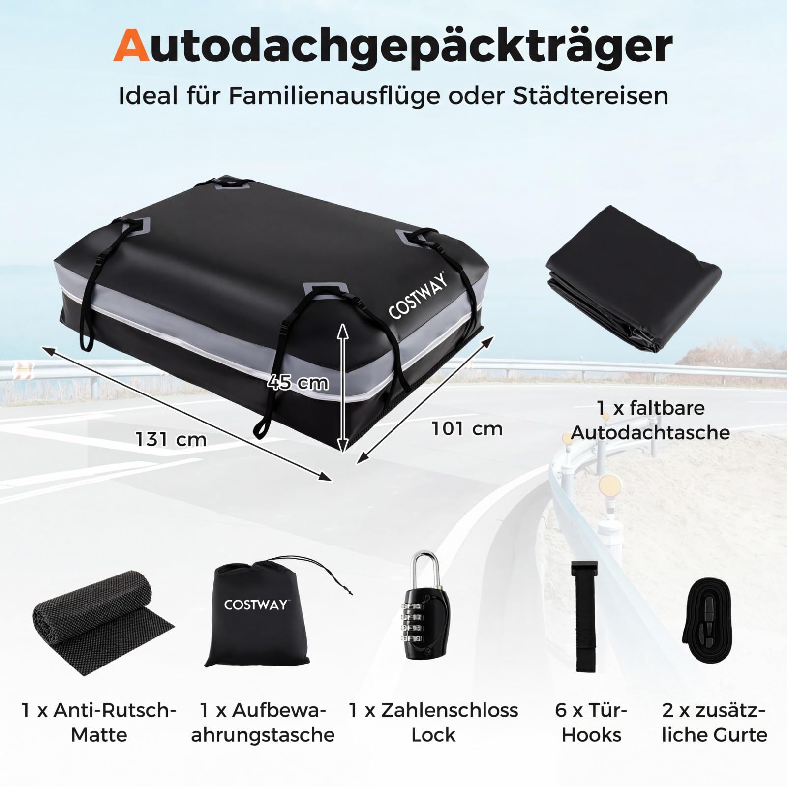 COSTWAY Dachbox Auto, 600 Liter Dachkoffer wasserdicht, Gepäckbox mit Anti-Rutsch-Matte, 6 Türhaken, Schloss & Tragetasche, tragbare Dachtasche XXL für Autos mit/ohne Gepäckträger (Grau)