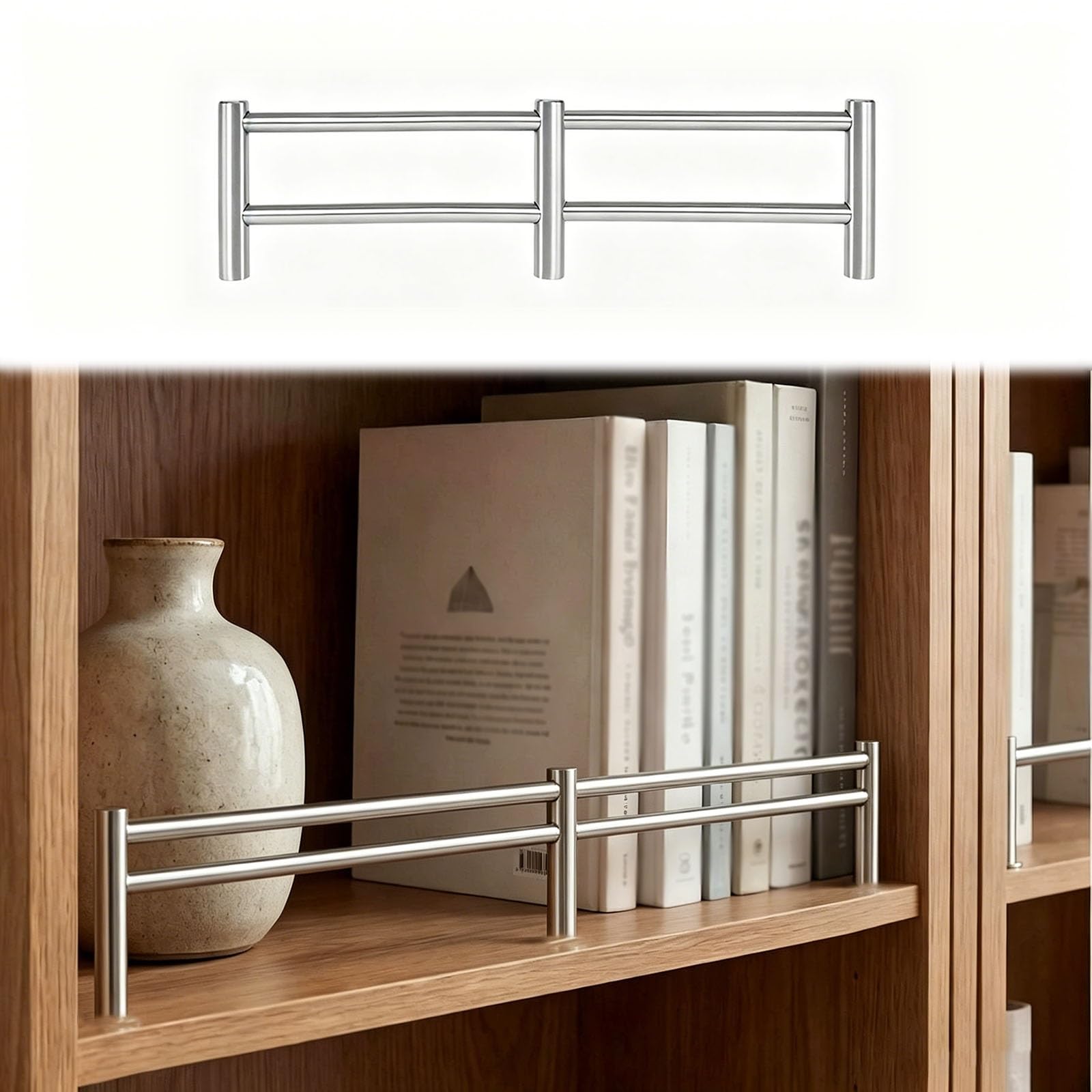 Silver Shelf Guard Rail for Cabinets, Stainless Steel Double Rod Shelf Fence Barrier, Prevent Falling Barrier Rod Easy to Install(Style A,57in/145cm)