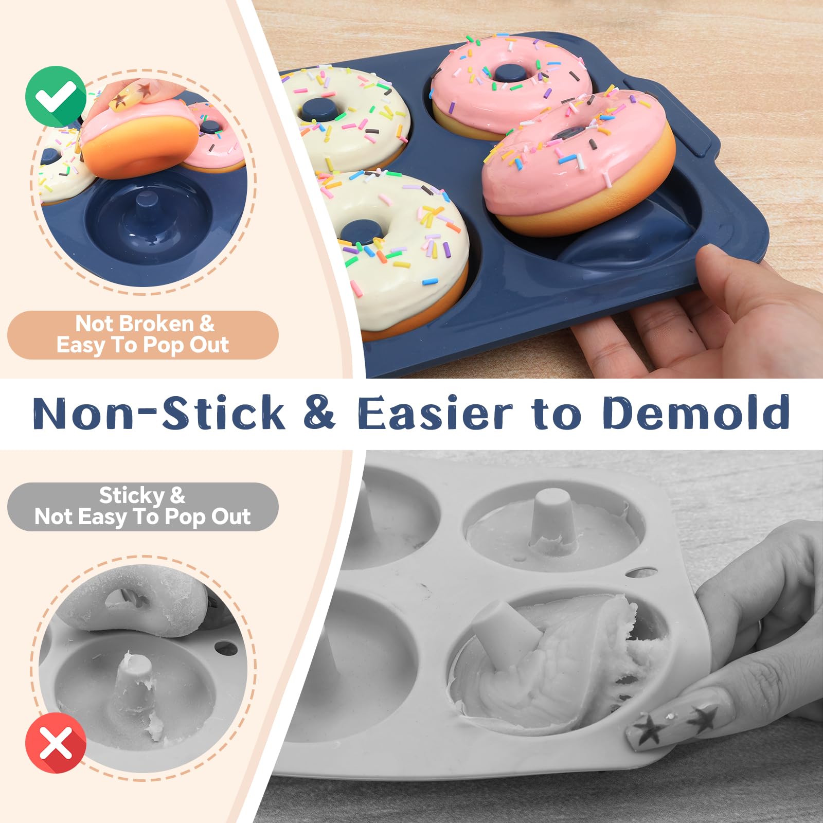 Molde de donas de silicona antiadherente: Sartén para donas de 3.5 pulgadas con marco de metal, moldes de silicona para hornear sin gluten glaseados de proteína vegana donas bagel - para horno 4