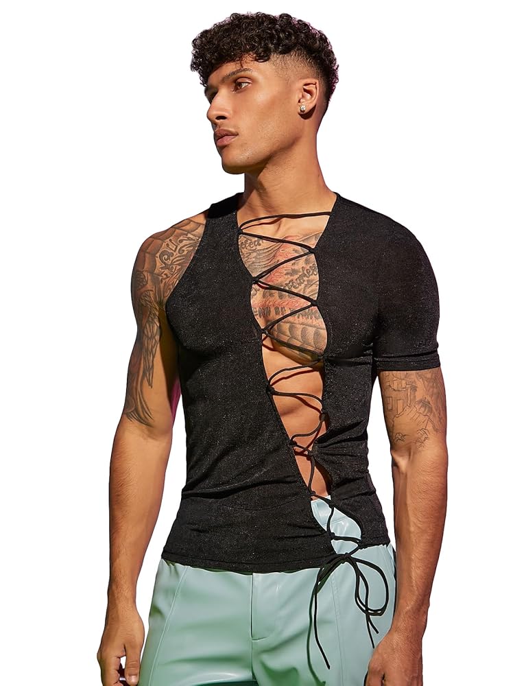 Cozyease Men's Lace Up Asymmetrical Neck Tee Top Solid Slim