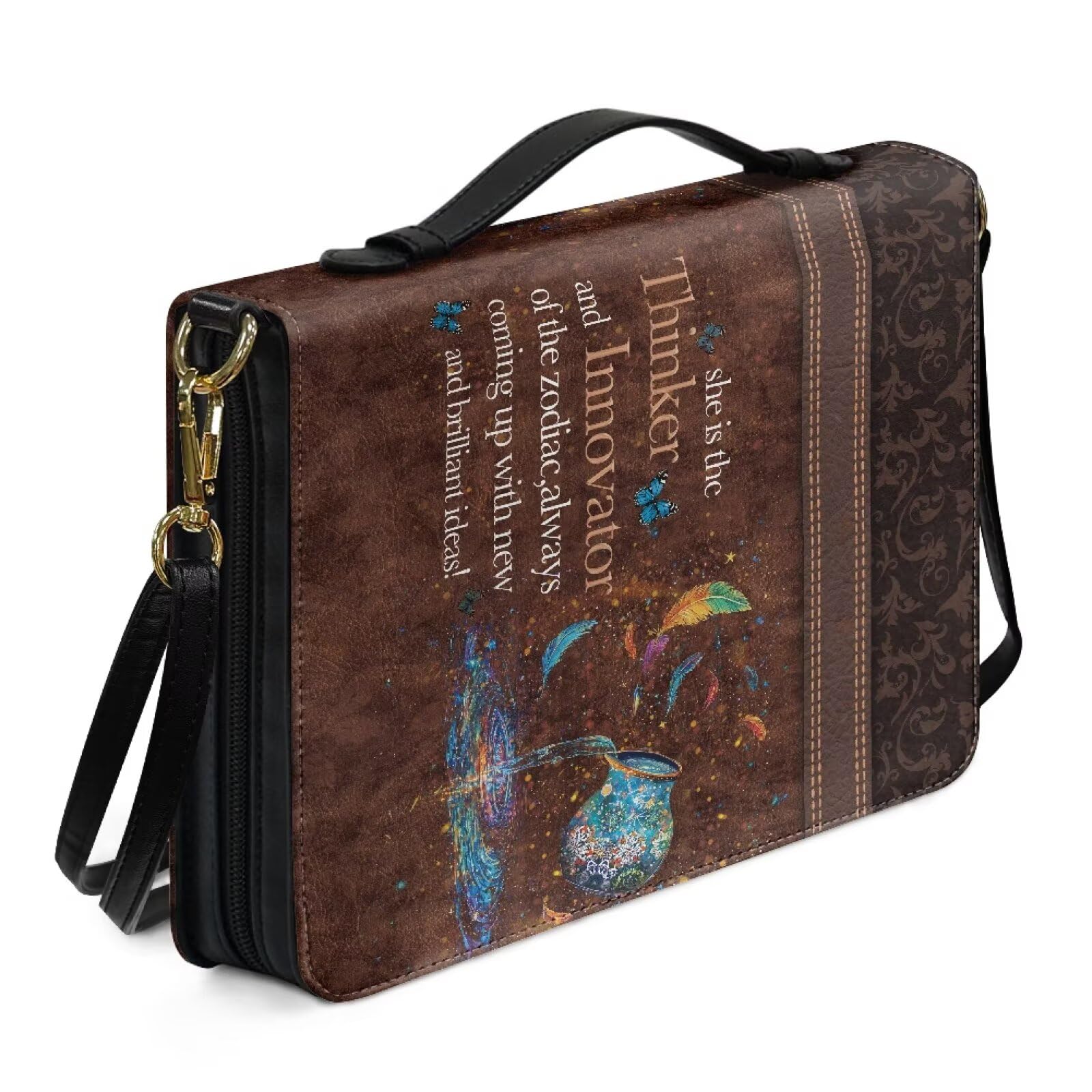 Kuiaobaty Lord Inspired Saying Bible Cover Graffiti Painting Feather Case for Women Church Bag, PU Leather Handle Bible Carrying Bag Extra Large Size