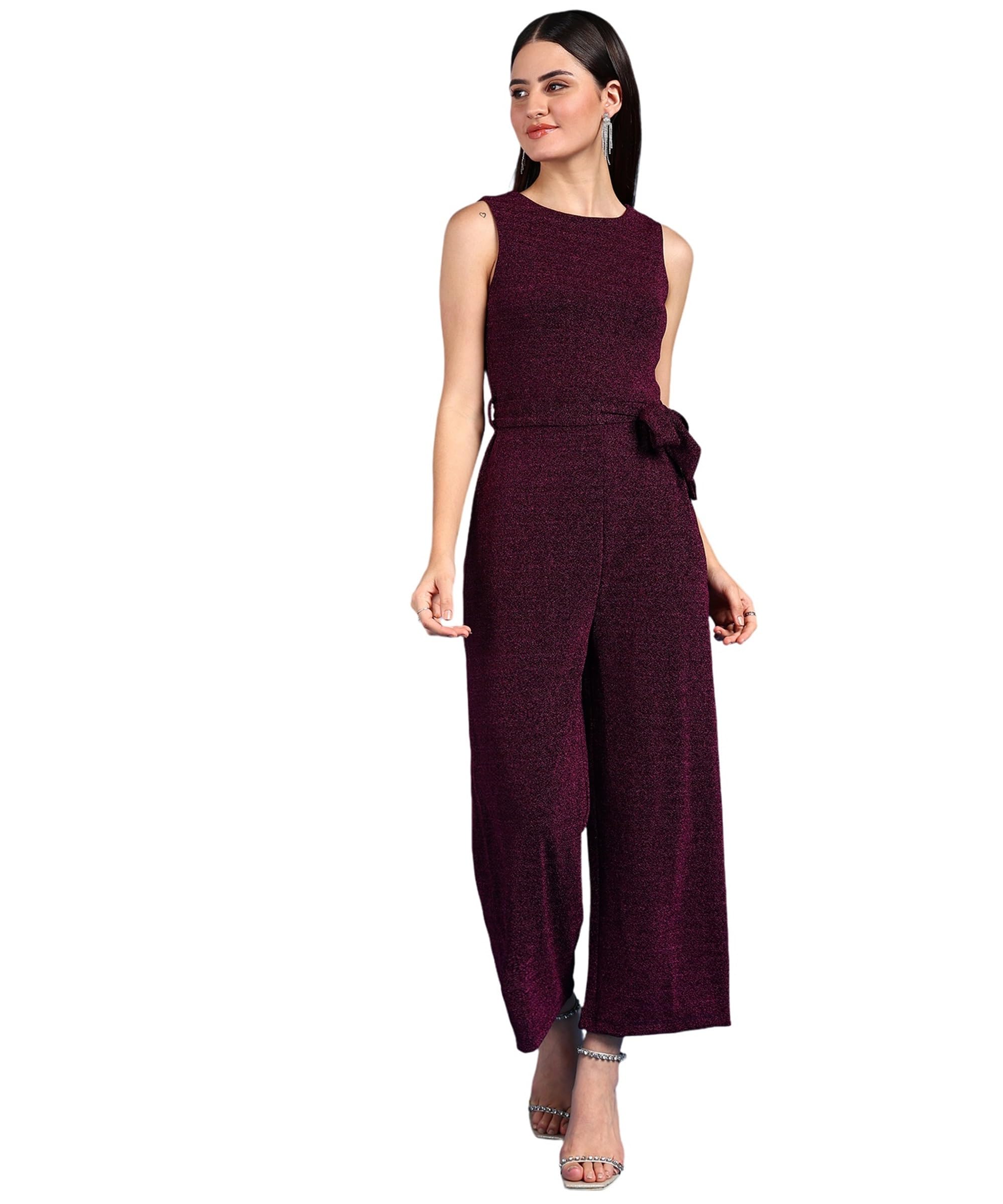 Women's Stylish Casual One Piece Jumpsuit Dress with Waist Lace Tie Belt Lurex Knit Sleeveless Round Neck Body Fit Purple-image-23