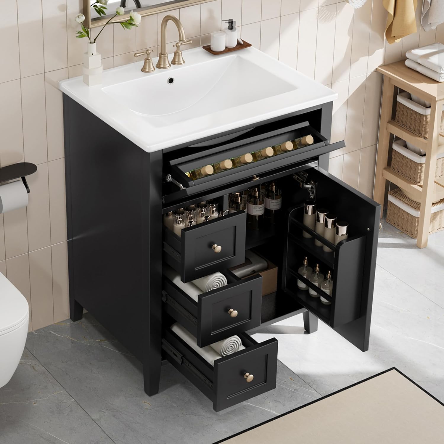 Linique 24" Bathroom Vanity with Sink Combo Set, Bathroom Cabinet with 3 Drawers and a Tip-Out Drawer, Adjustable Shelves, Soft Closing Cabinet Door with Organizer, Black