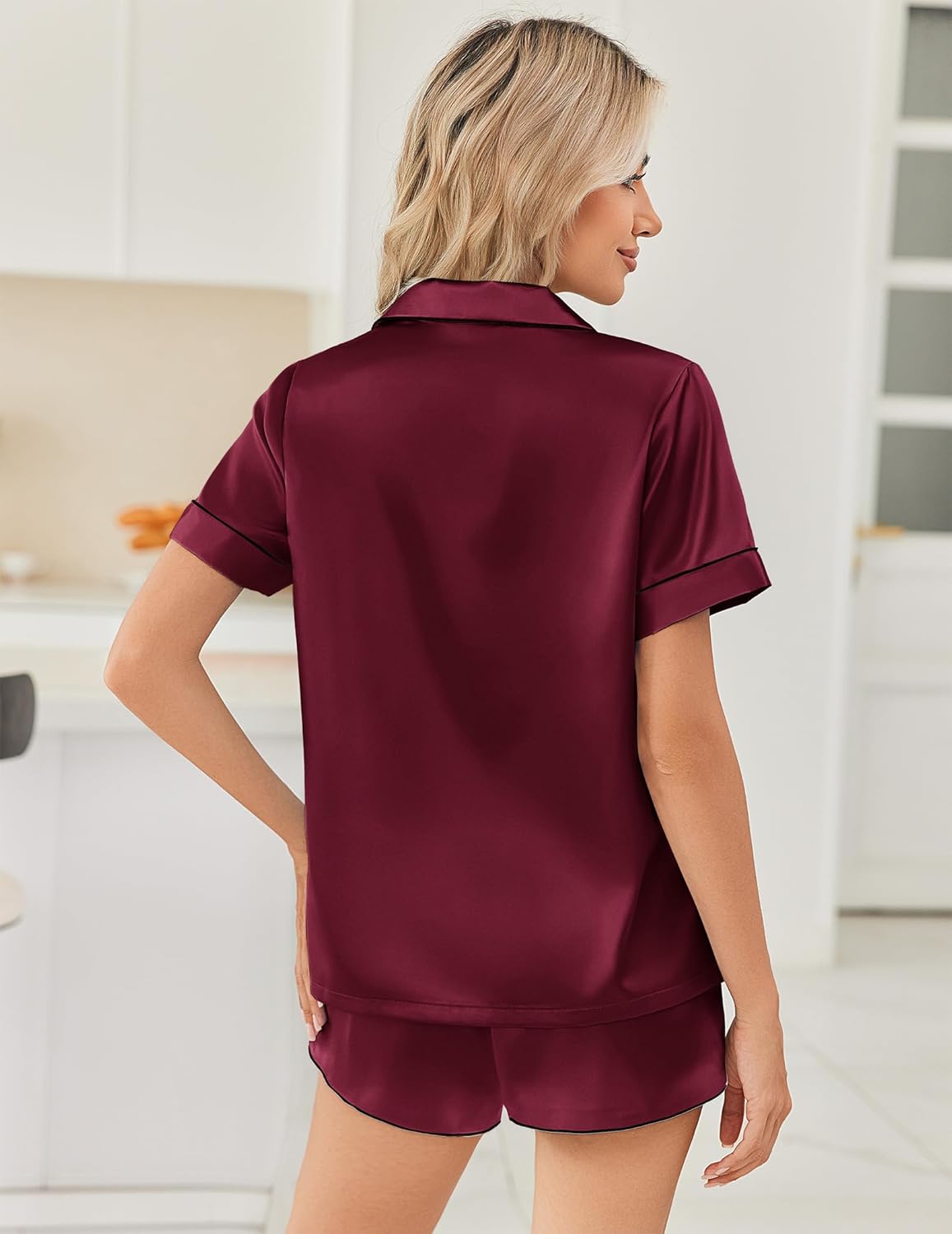 Ekouaer Womens Silk Satin Pajama Sets 2 Piece Button Down Silk Pjs Shorts Sets Cute Print Short Sleeve Sleepwear S-XXL - Image 2