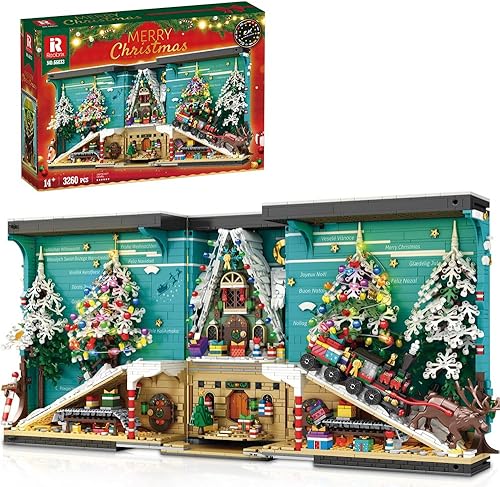 MISINI Bloques de construcción de tren de Navidad 3D 66033 2023, 3260 piezas, sujetalibros de árbol de Navidad, alce, libro de bloques con luz LED,