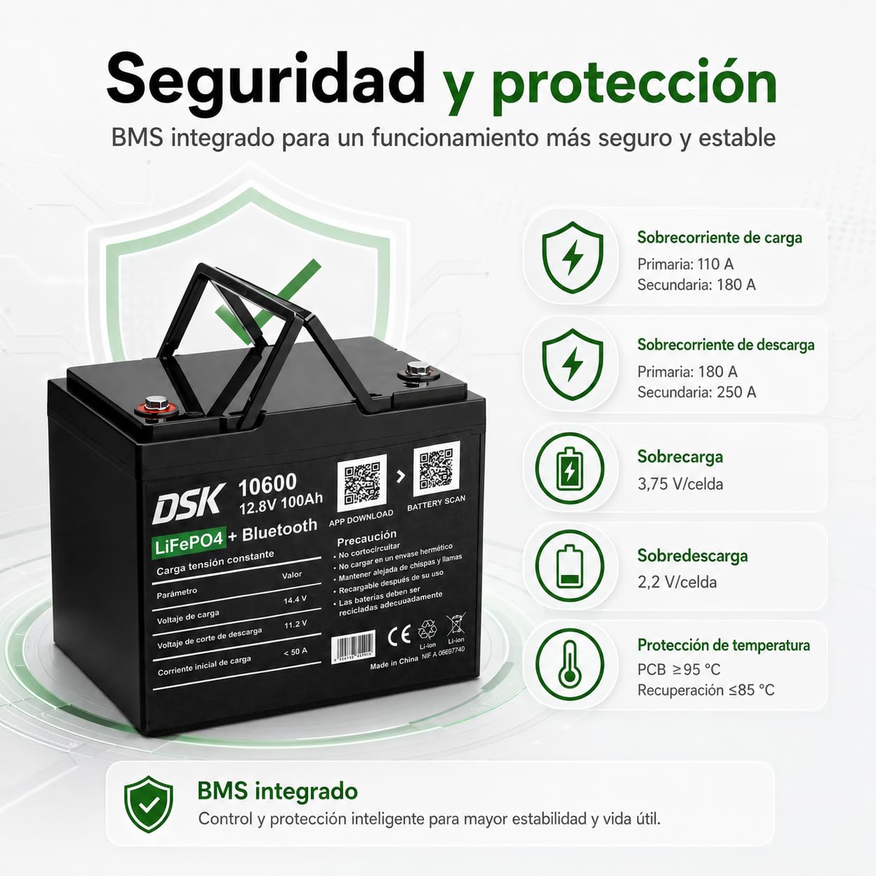 DSK Batería LiFePO4 12V 100Ah con Bluetooth, BMS, pantalla LCD, protección baja temperatura, batería litio 1280 Wh para autocaravana, energía solar, camper, barco, SAI y energía renovable premium