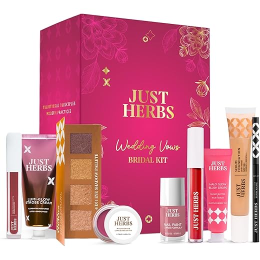 Just Herbs Wedding Kit Glam Essentials with Matte Lipstick | Lip & Cheek Tint | Strobe Cream | Kajal | Sindoor | Eyeshadow Palette | Nail Paint | Serum Foundation | Blush Drops All in One Makeup Gifting Kit for Women (Pack of 9)