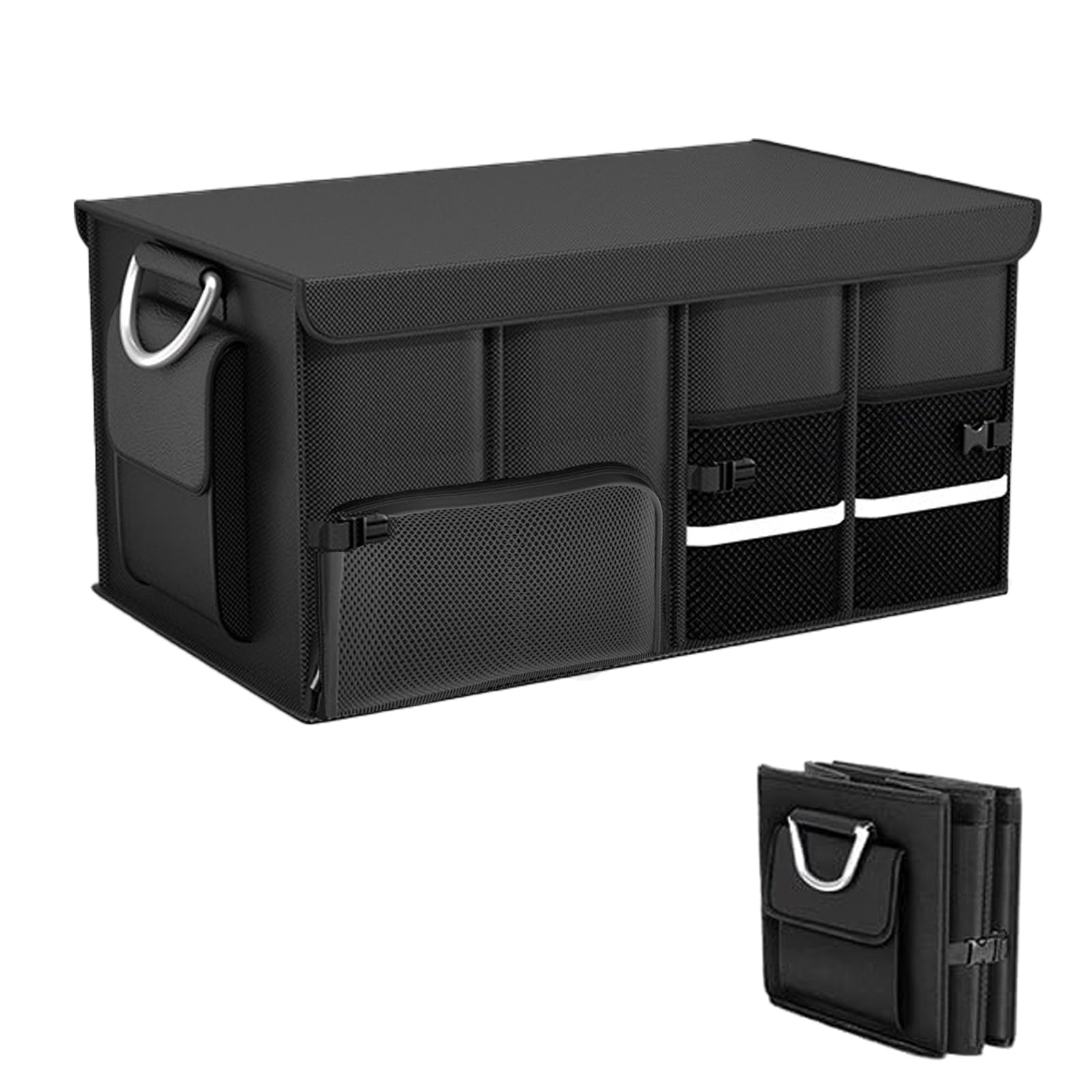 Kofferraumtasche, Kofferraum Organizer mit Deckel, Faltbare Auto Kofferraumtasche, Koffertasche, stabil und rutschfest, faltbar mit Aluminiumgriffen und Reflexstreifen QSN01-Black