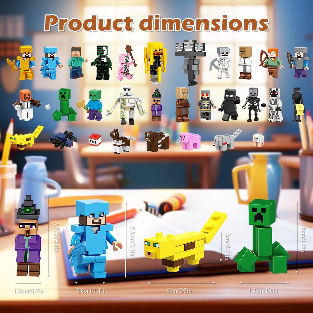 Mini Figuren Adventskalender, 29 Stück Miner Gamer Figure Set Tortendeko Figuren Weihnachts-Countdown Videospiel Figur Miner Gamer Bausteine Toys Geschenk für Kinder Junge Mädchen und Spielfans 2-7cm