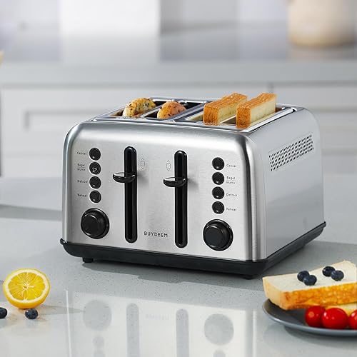Miniatura 8 de BUYDEEM DT640 Retro 4 Slice Toaster, 7 Shade Settings, Extra Wide 1.5'' Slots, Stainless Steel Toaster with Bagel Muffin Defrost Reheat Function,