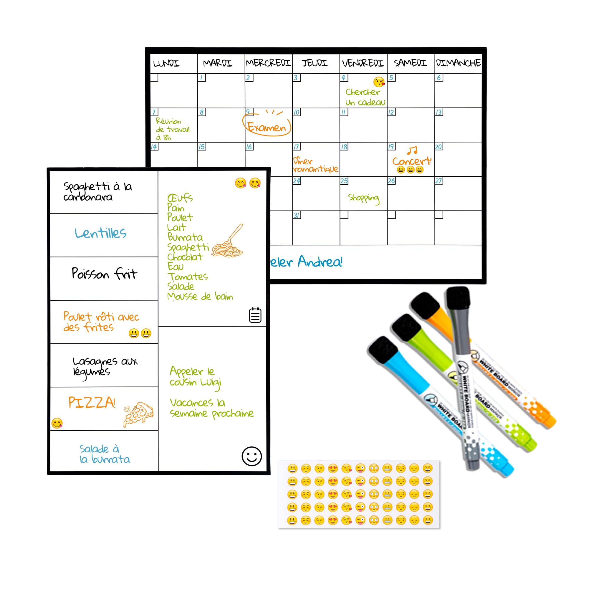 Calendrier Magnétique Mensuel A4 + Tableau Hebdomadaire A4 + Marqueurs Premium + Stickers | Planning Frigo Familial