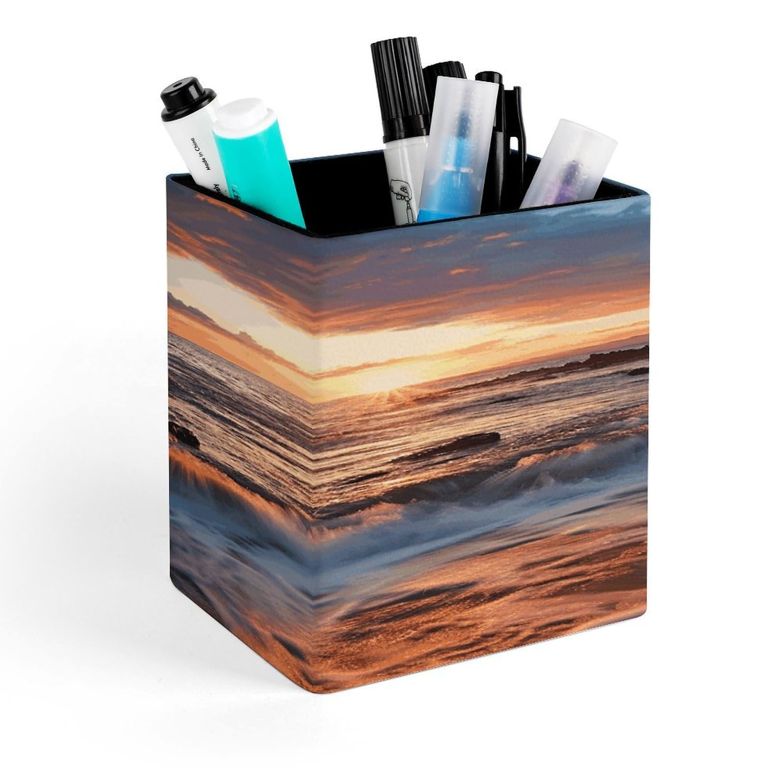 LZQPOEAS Beach Maui Hawaii Sunset Sea Waves Clouds Square Pen Pencil Holder PU Leather Pencil Cup Desktop Stationery Organizer Office Accessories Container